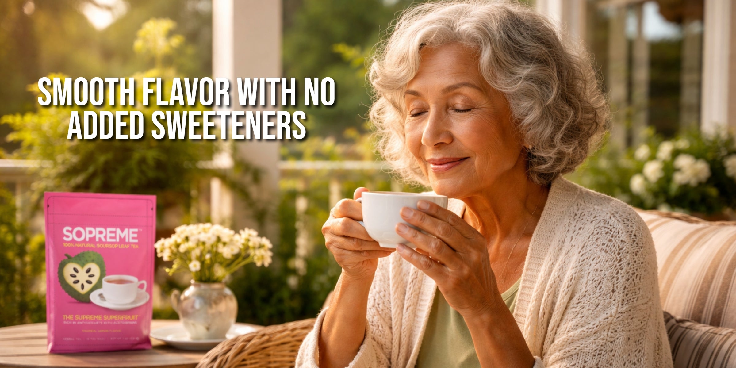 Older woman enjoying a cup of soursop leaf tea at home