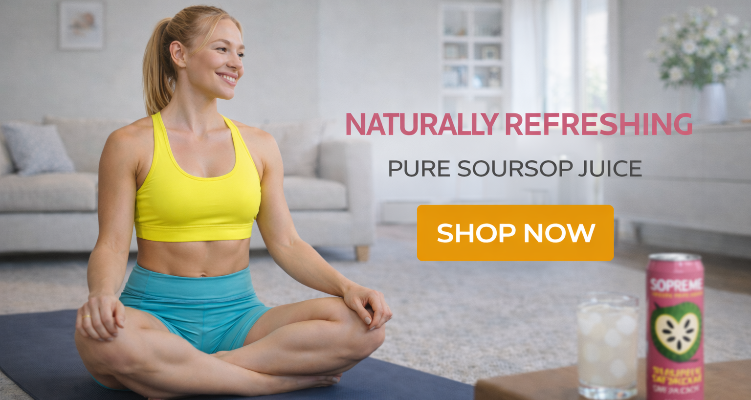 Person relaxing indoors with a can of SOPREME pure soursop juice