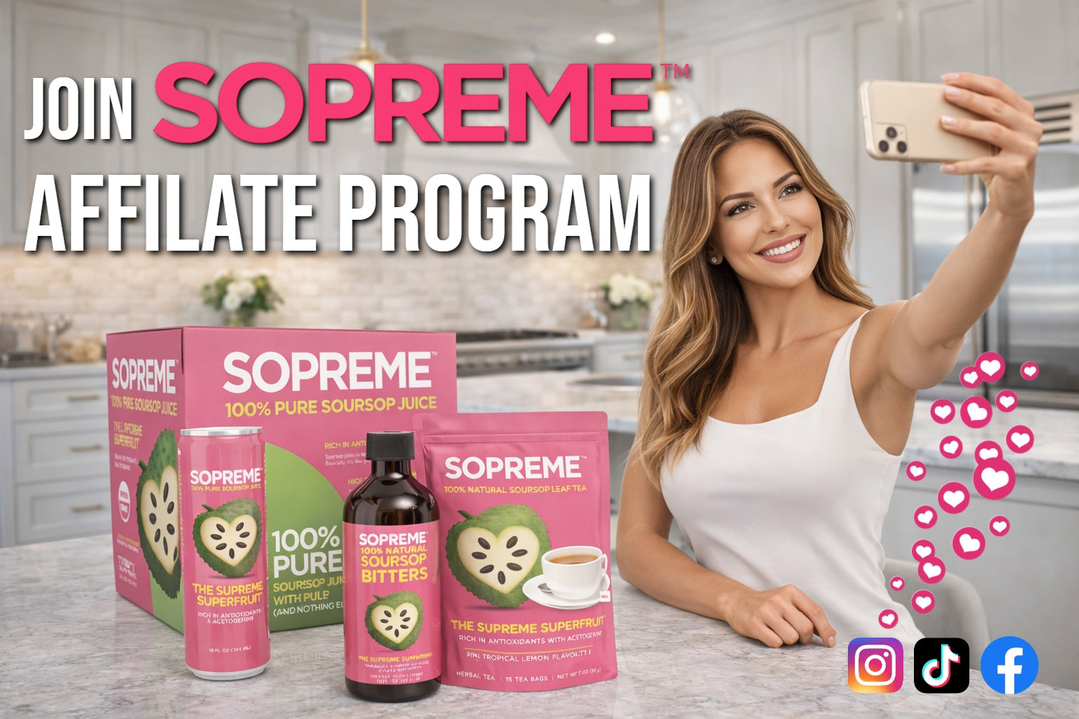 Social media influencer taking selfie with sopreme soursop juice