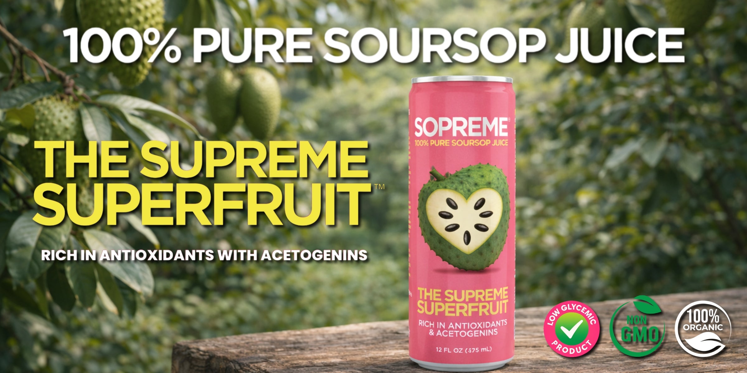 SOPREME soursop juice can in a tropical soursop orchard setting. Low Glycemic, non gmo, 100% organic
