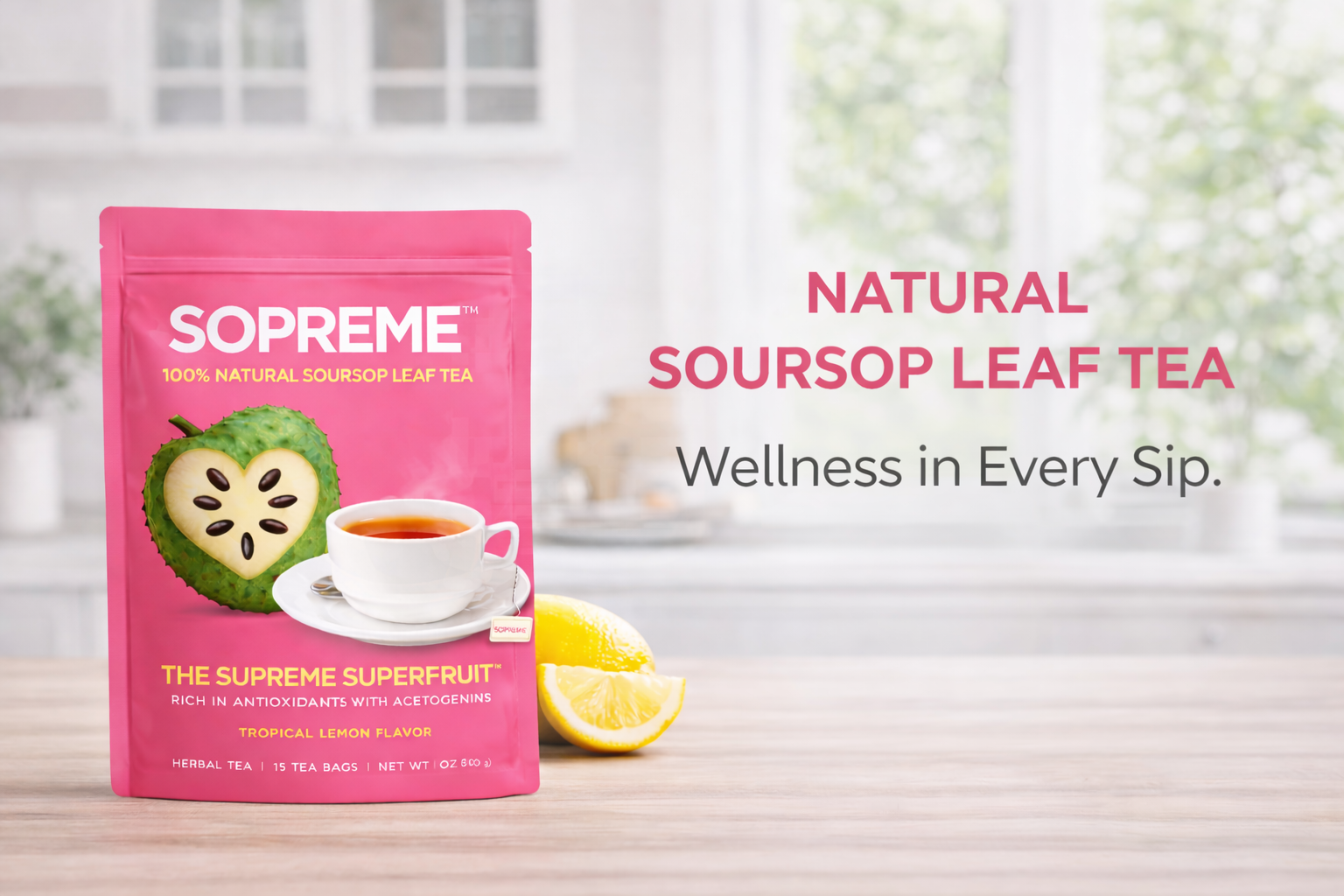 soursop tea on counter in kitchen with lemons