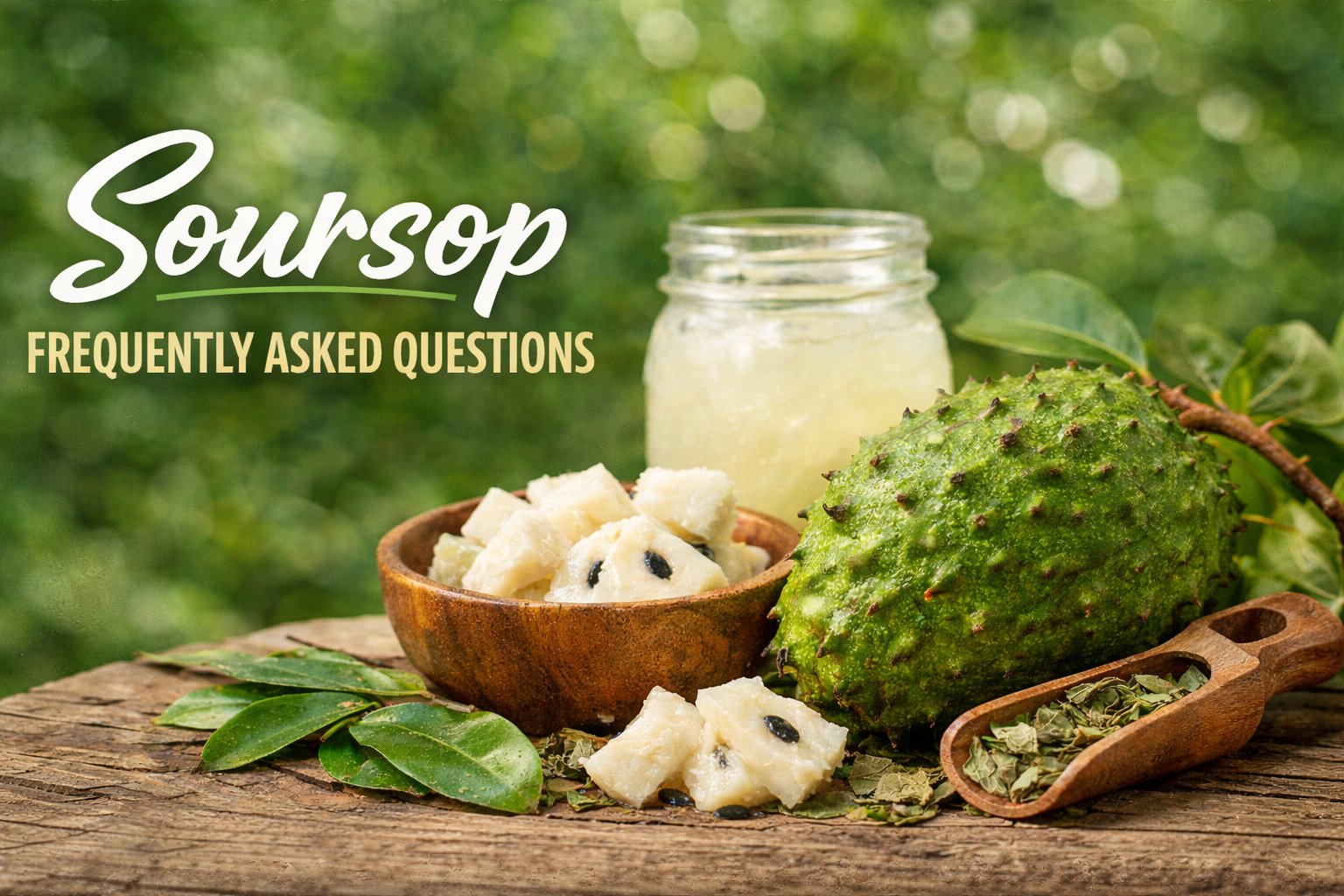 Soursop fruit, juice, and leaves displayed for soursop frequently asked questions page
