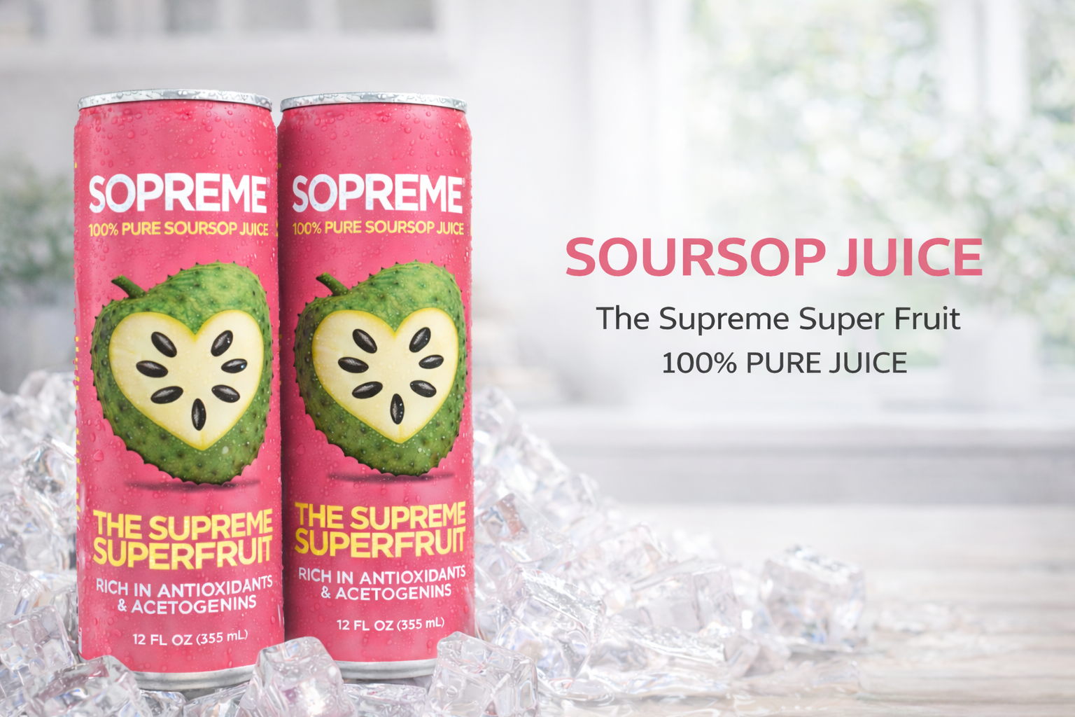 soursop juice on counter with ice two cans