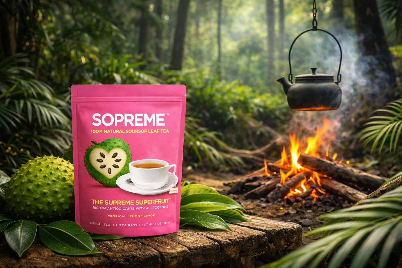 Soursop leaf tea being prepared in a tropical jungle setting