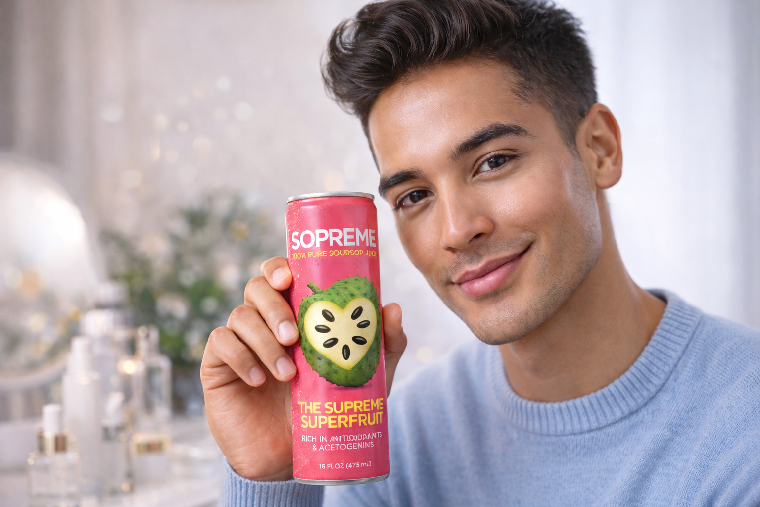 man holding soursop juice with glowing skin