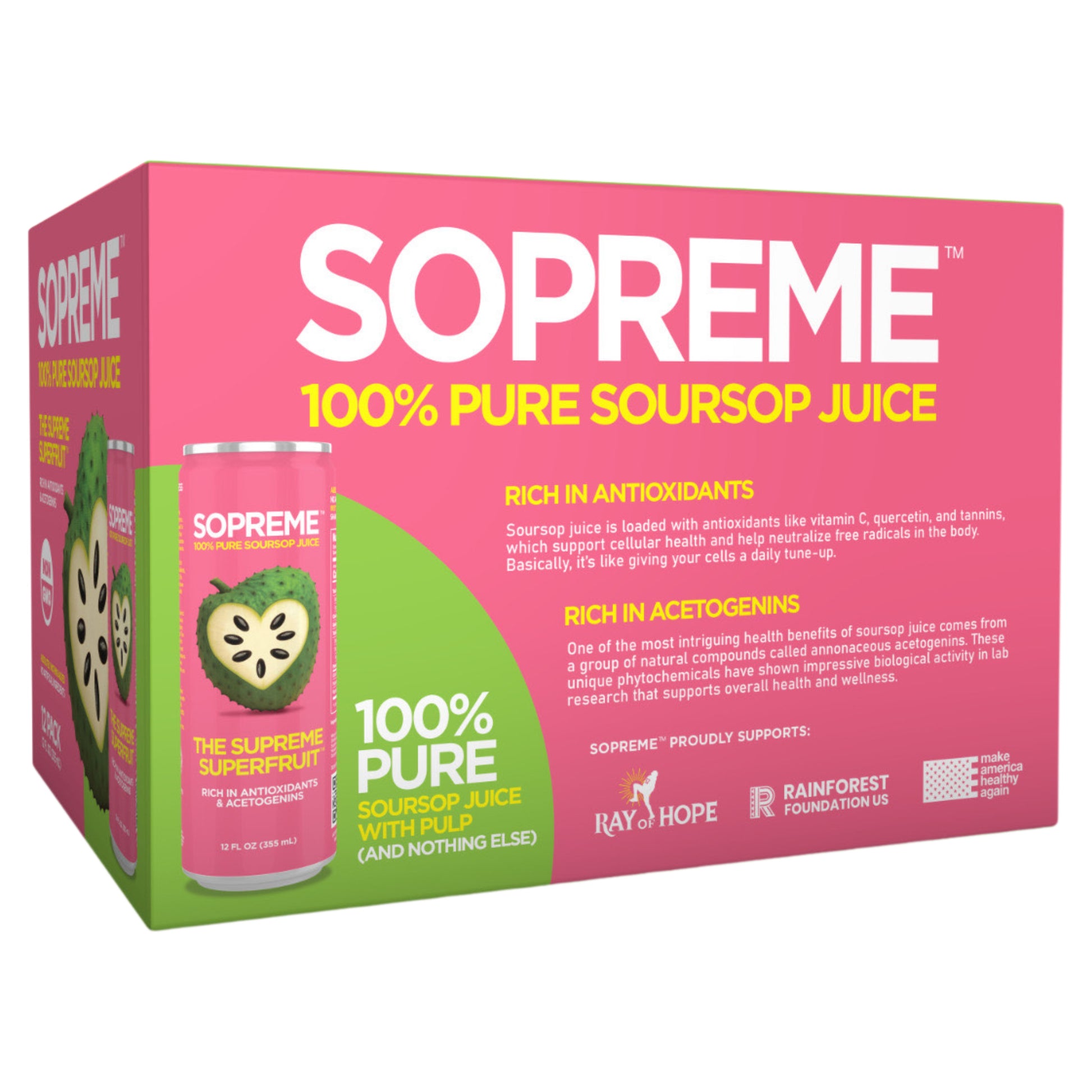 SOPREME soursop juice cans 12 pack packaging