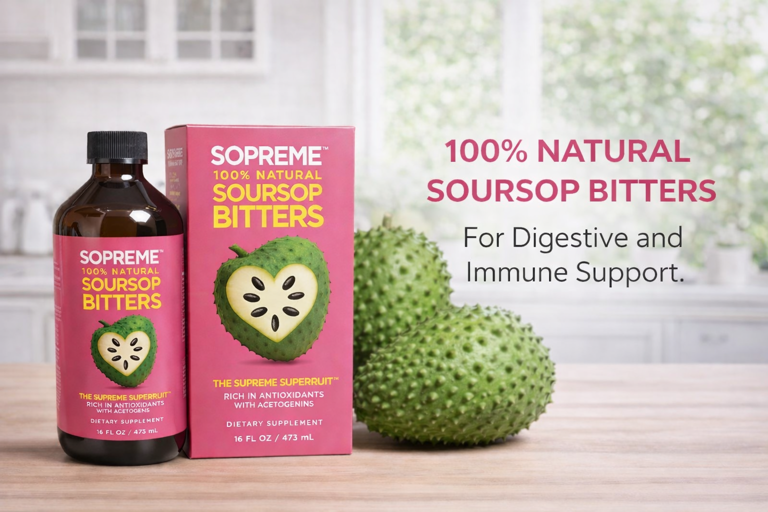 SOPREME® Soursop Bitters on counter in kitchen 