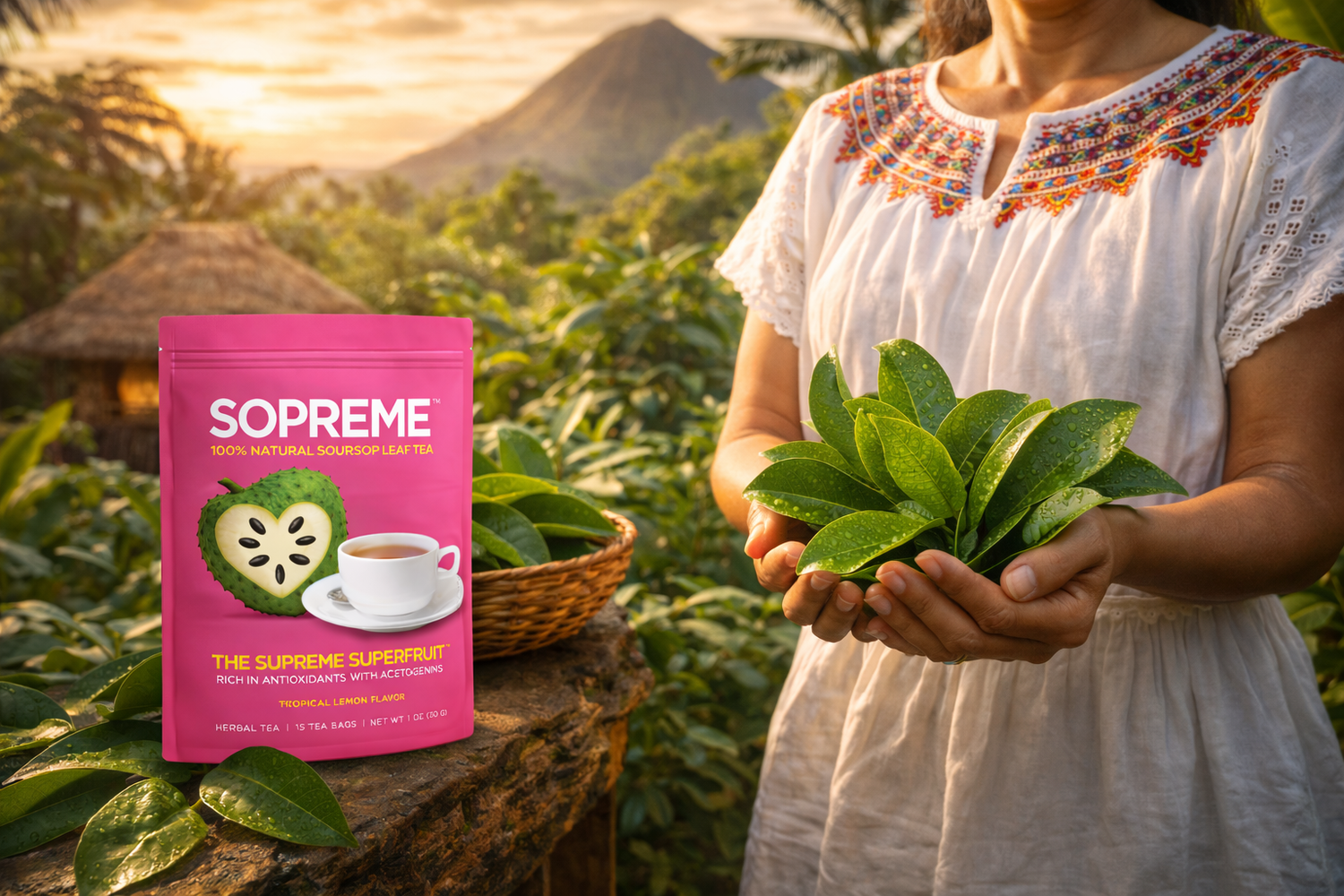 woman holding fresh soursop leaves in a tropical setting